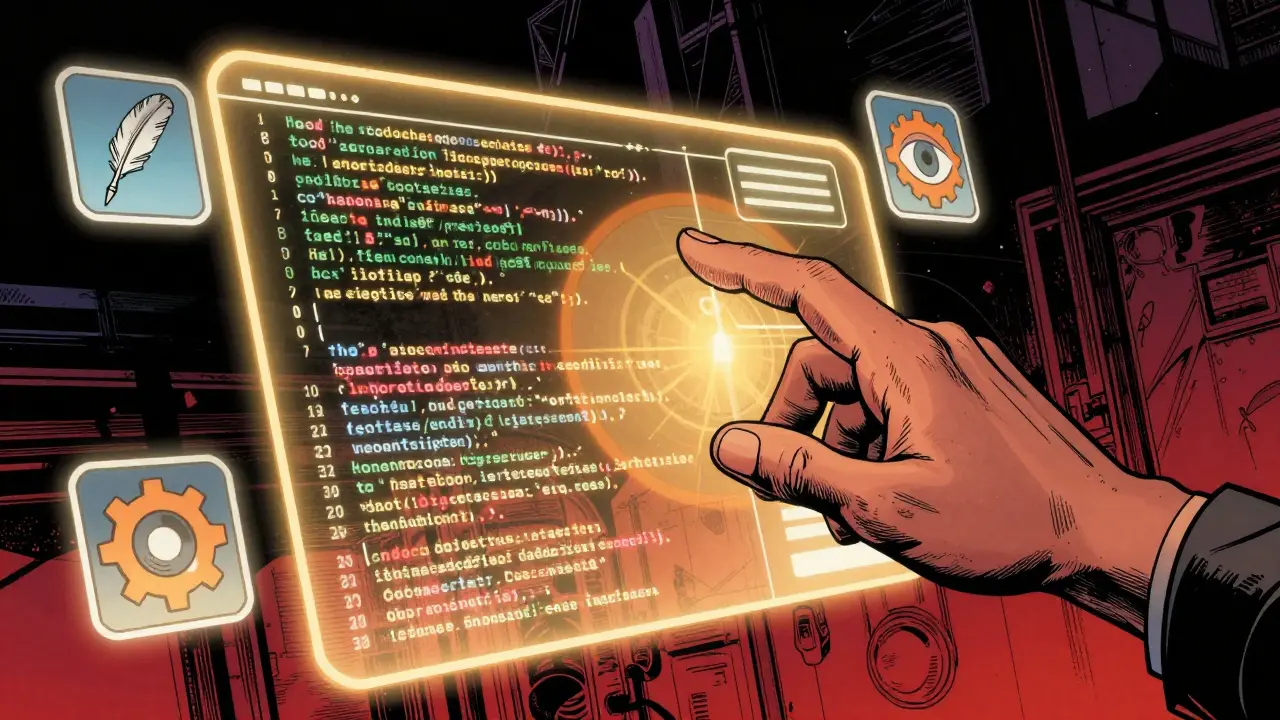 Hand touching a glowing screen with code and text in a retro-futuristic comic panel.