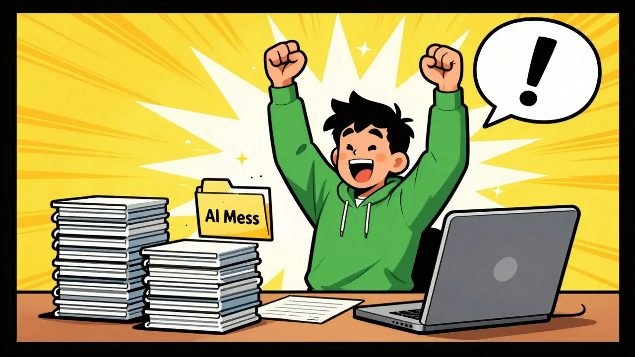 Heroic developer celebrating after rewriting messy AI code module