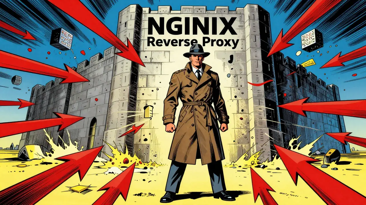 Heroic figure blocking data attacks with NGINX proxy shield.