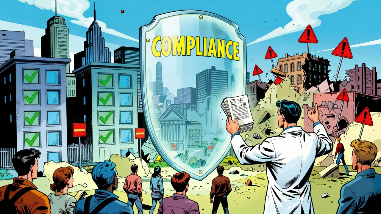 Heroic figure protecting city with compliance documents