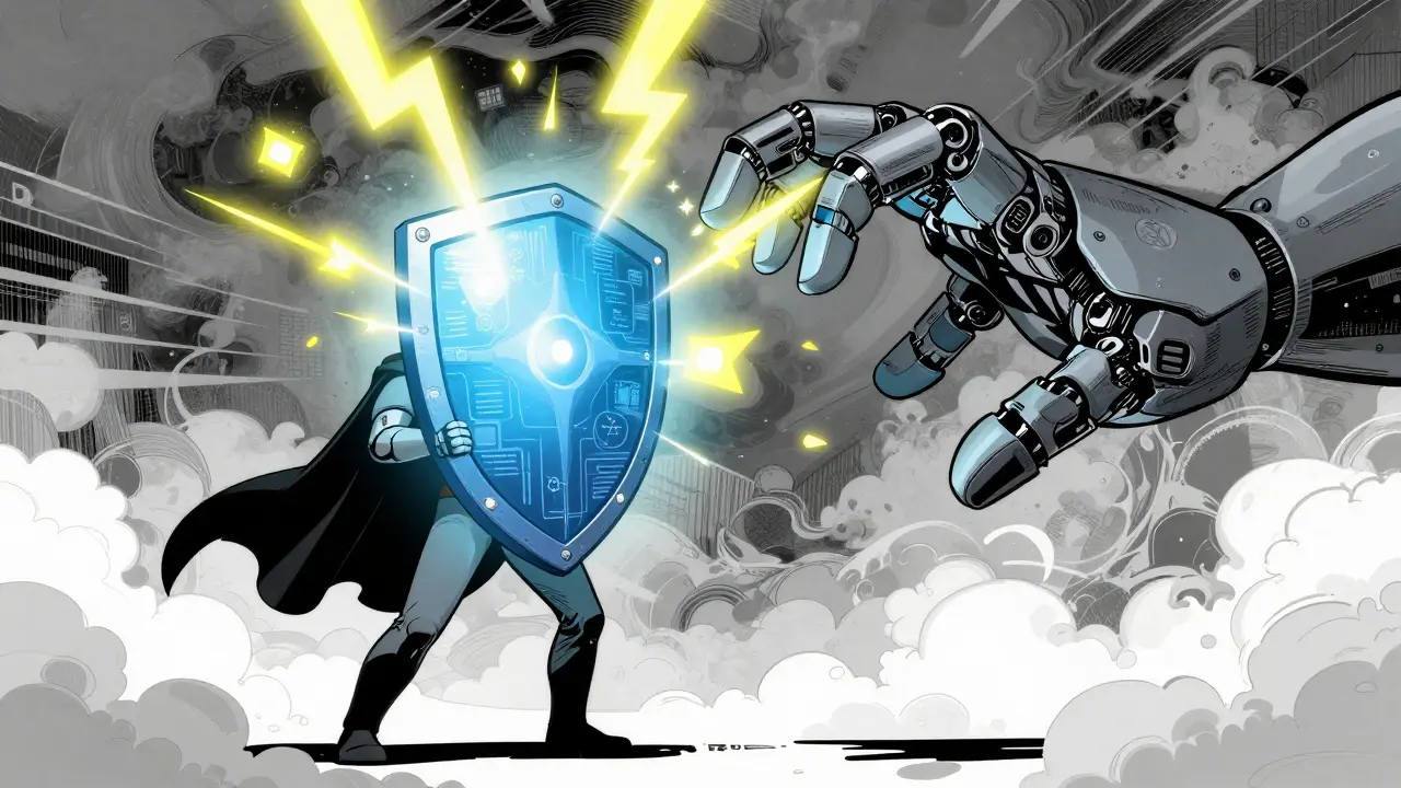 Human defender shielding against AI security threats in classic comic style