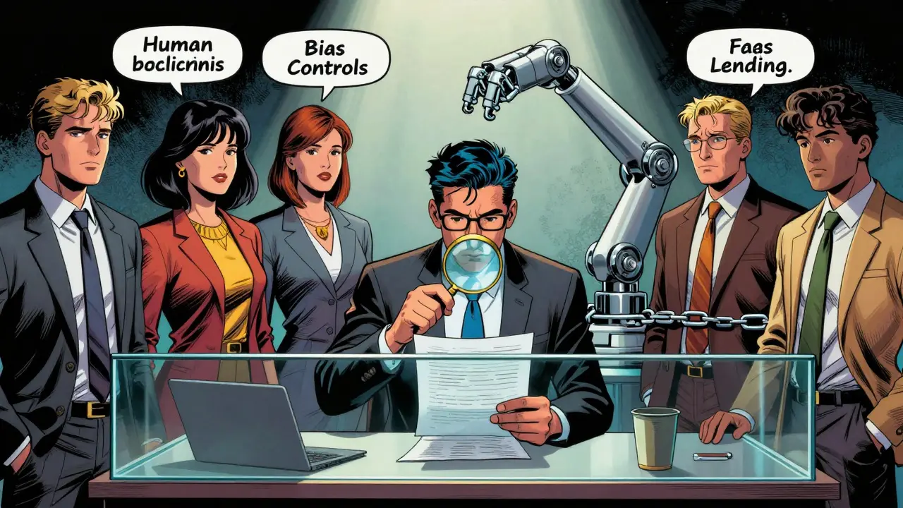 Human officer overseeing AI lending for fairness in retro comic style