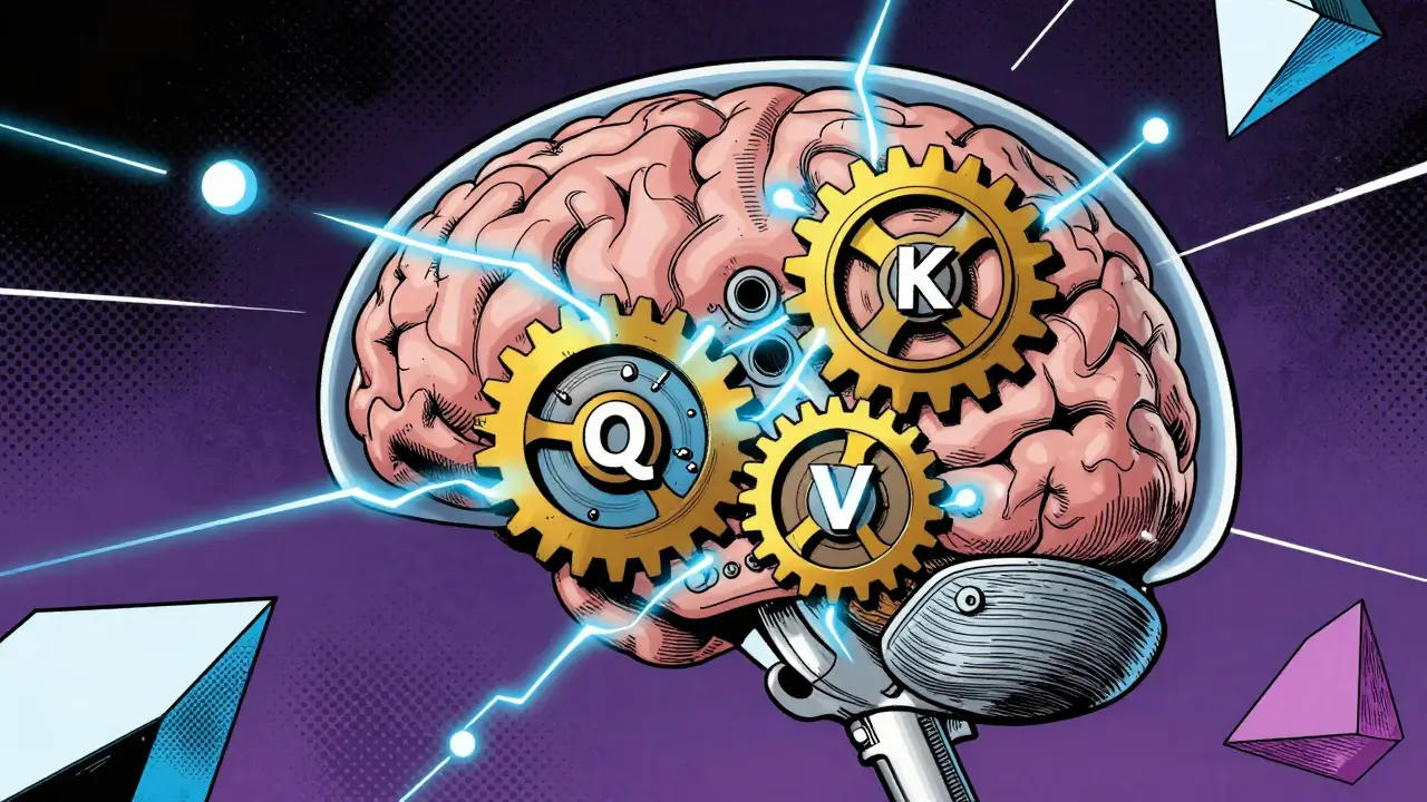 Retro comic art of mechanical gears representing QKV matrix transformations