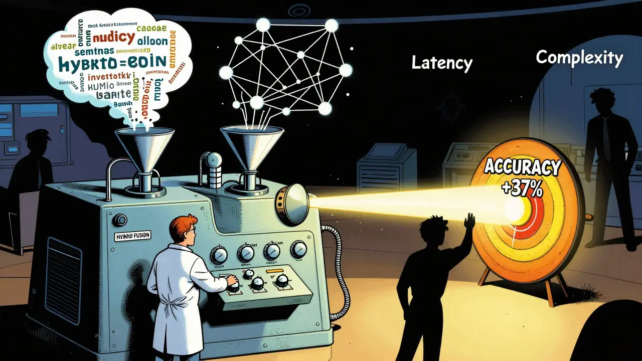 Scientist adjusting hybrid fusion machine balancing keywords and semantics