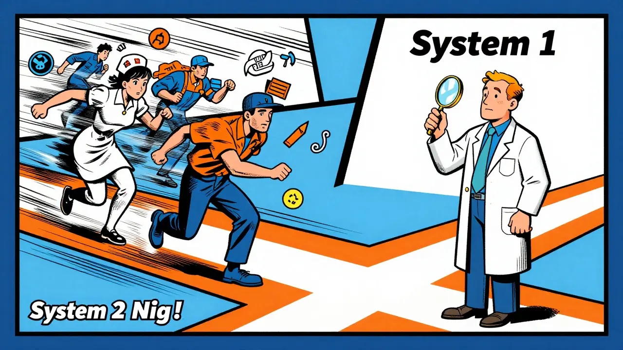 Scientist choosing careful thought over fast bias in retro comic art