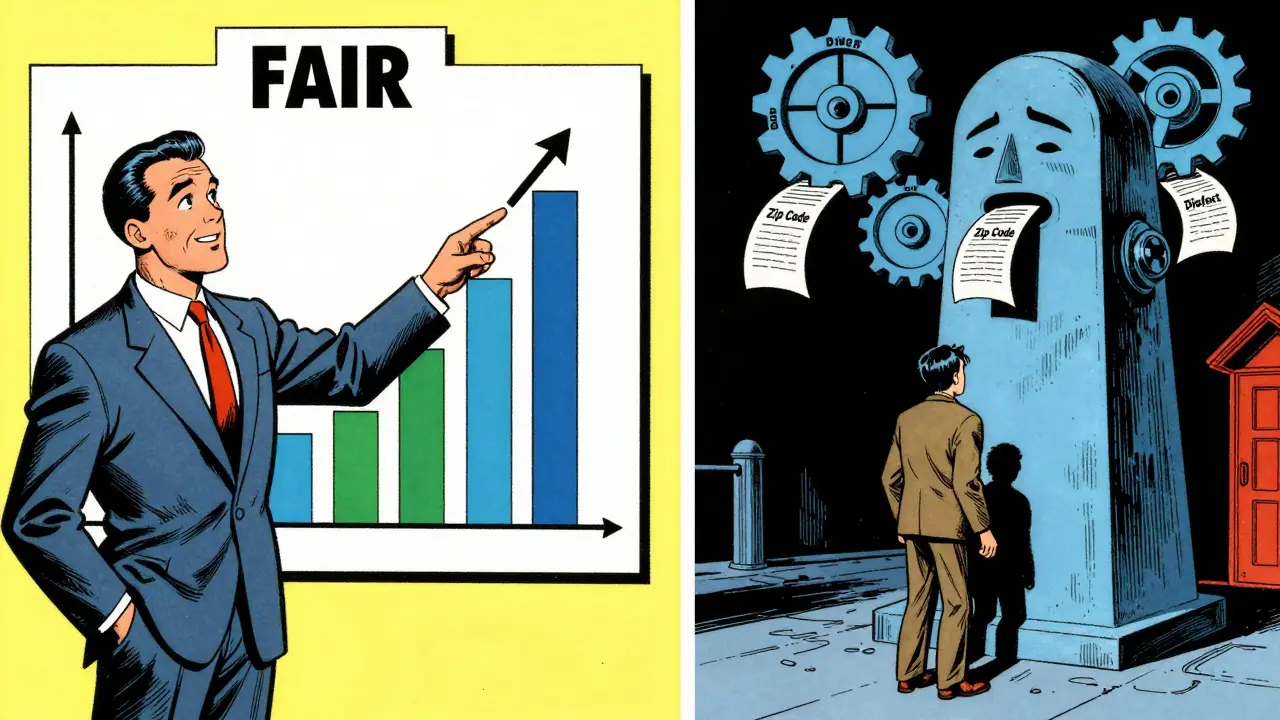 Split panel: happy executive vs rejected citizen facing a biased bureaucratic machine.