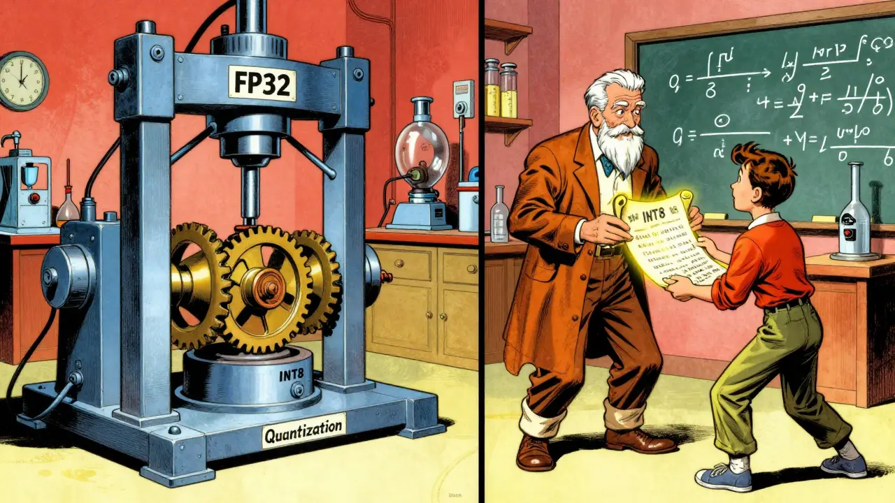 Split scene showing quantization squeezing a machine and a teacher passing knowledge to a student model.