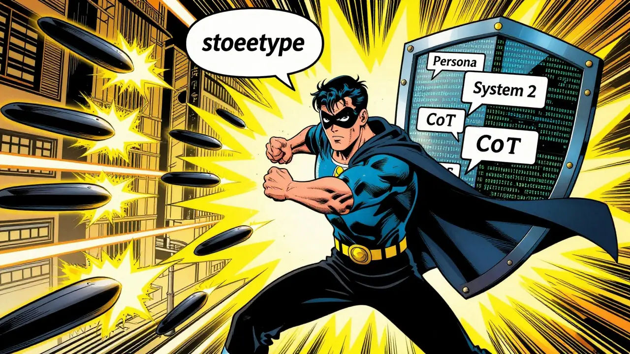 Superhero blocking stereotypes with prompt shields in golden age style