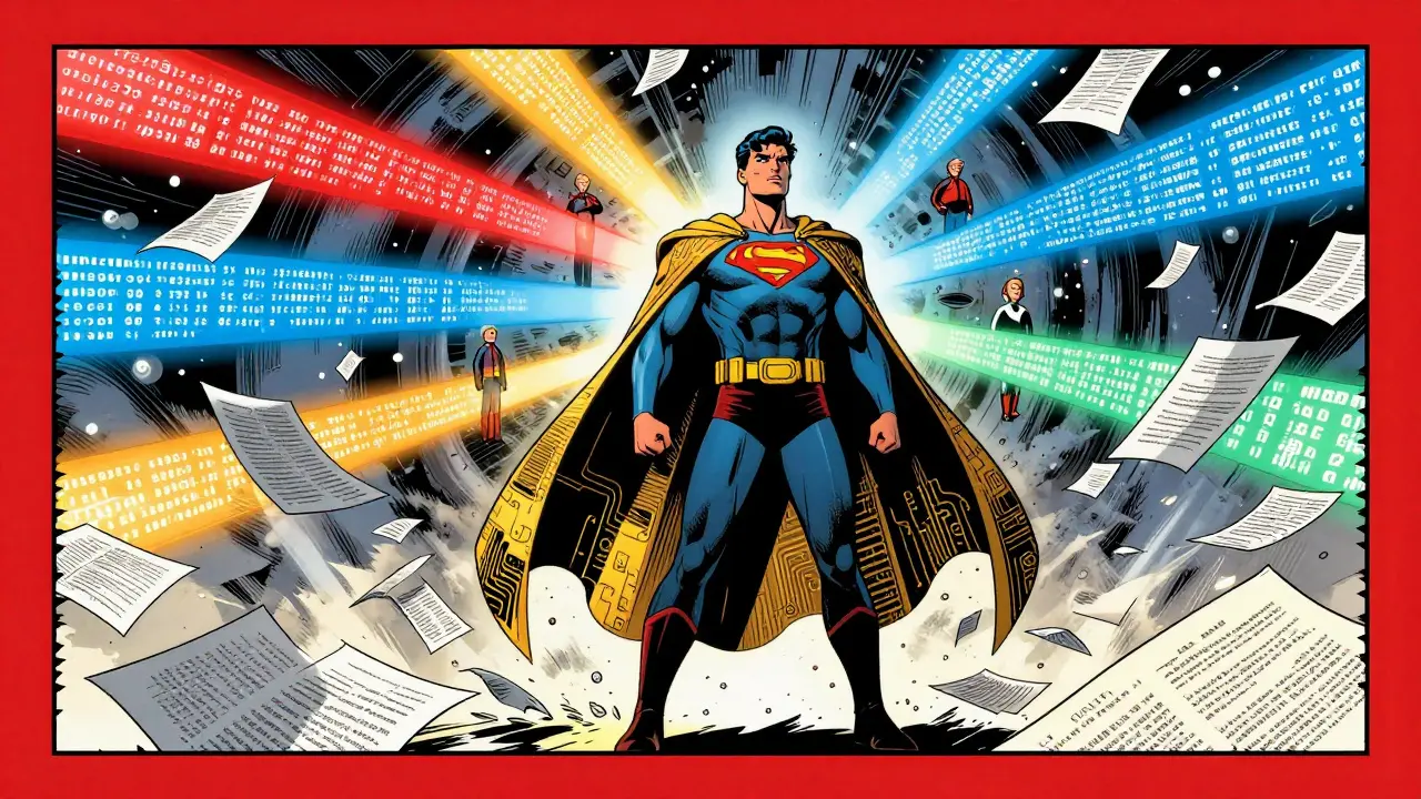 Superhero figure connecting distant elements via colored beams in comic style