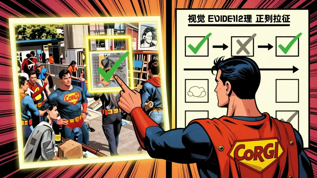 Superhero verifying objects in a photo with bounding boxes and checkmarks