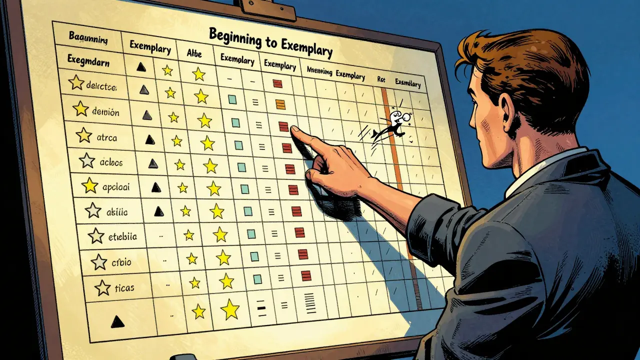 Teacher designs a clear grading rubric while correcting errors, Golden Age comic style.