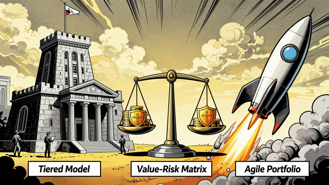 Three buildings representing Tiered, Value-Risk, and Agile AI frameworks