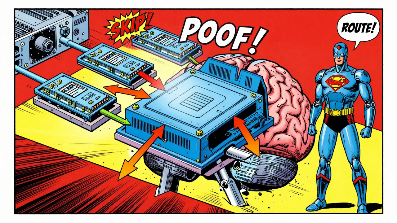 Vintage comic showing data rerouting around dropped neural network blocks.