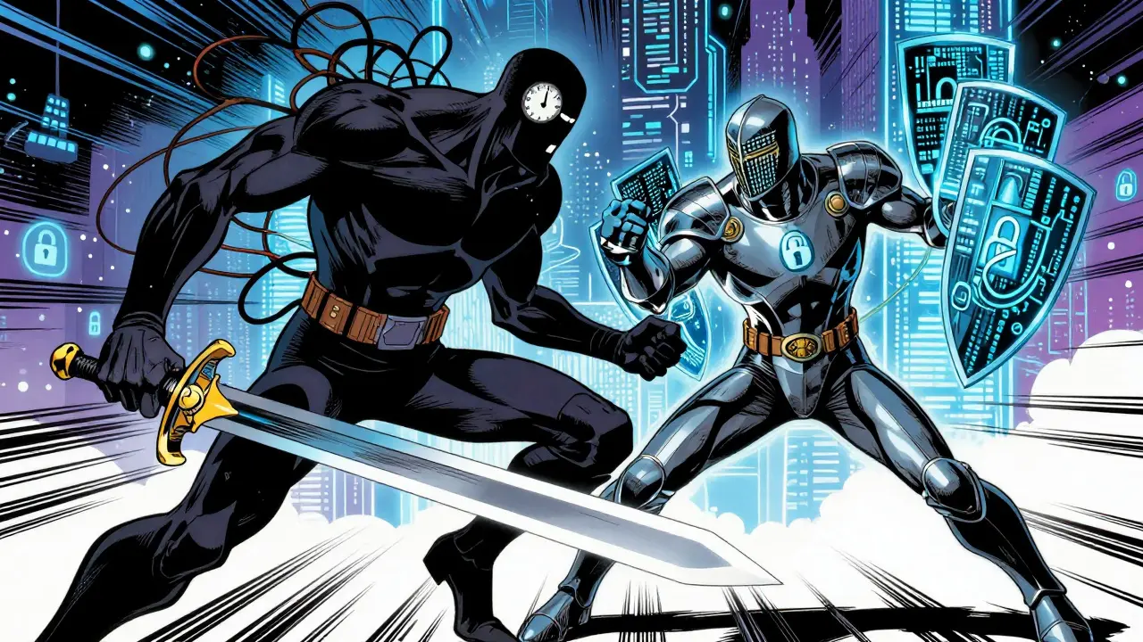 Armored knight fighting a latency monster with an encrypted code sword in a cyber city.