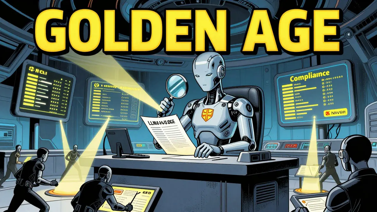 Comic art: AI judge model evaluating performance metrics in a high-tech control room.