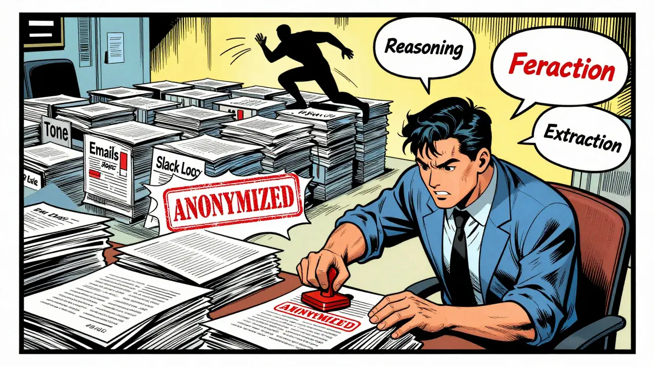 Comic art: Engineer organizing raw data into structured benchmarks with bold stamps.