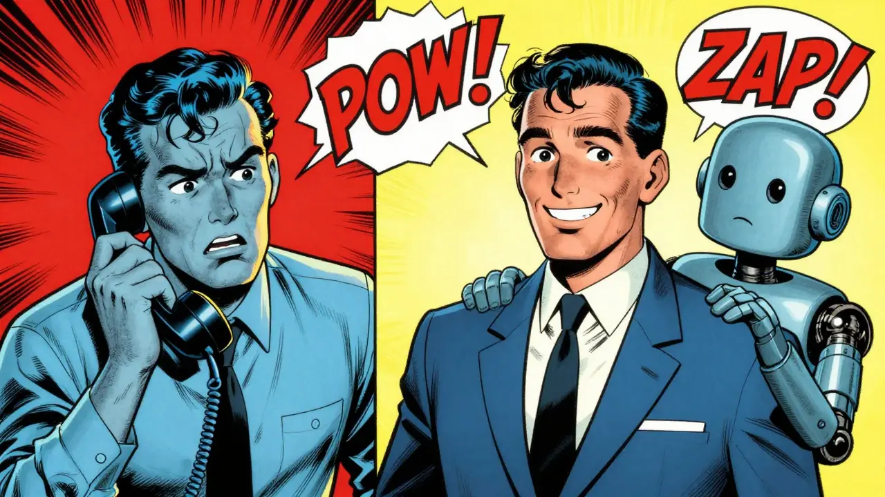 Comic art showing AI helping an agent satisfy an angry customer