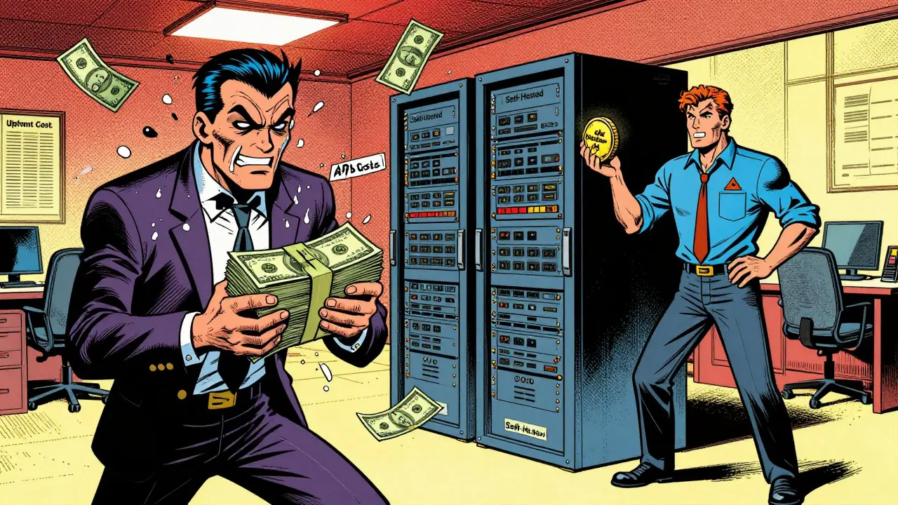 Comic comparison of rising API costs versus fixed open-source hardware costs