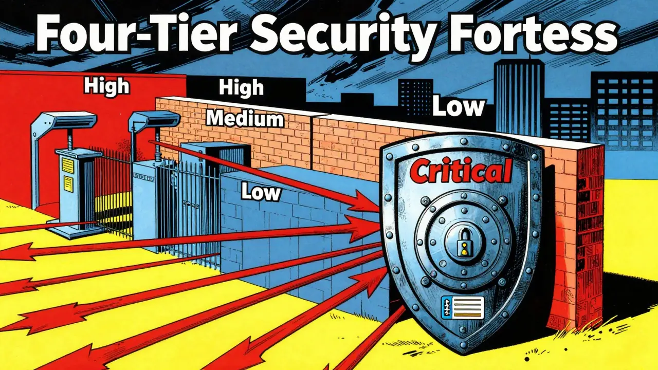 Comic style four-tier security fortress shielding data from external threats.