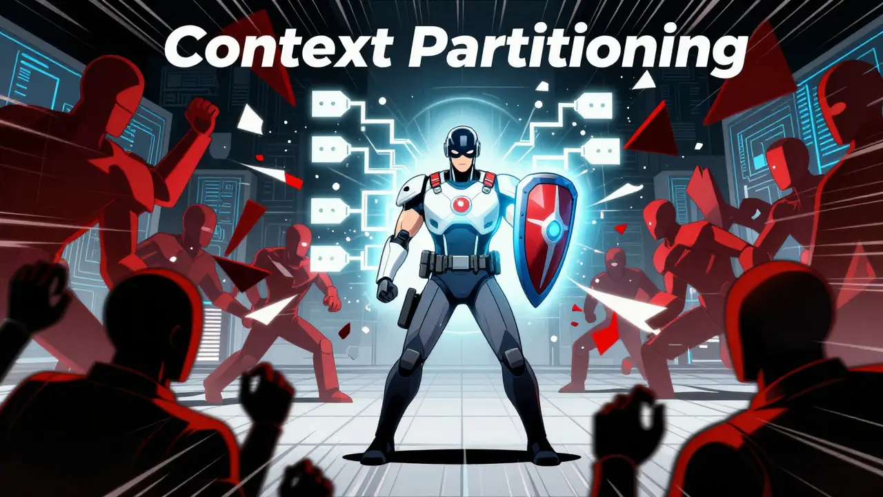 Cyborg hero shielding an AI core from attacks using context partitioning