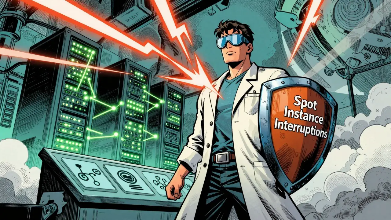 Data scientist hero blocking lightning with shield, spot instance concept, comic