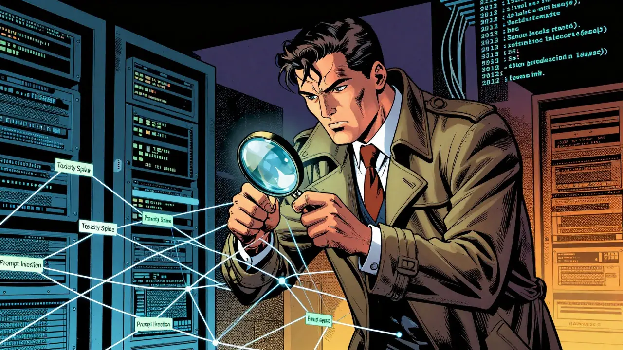 Detective examining digital data webs for anomalies under magnifying glass in vintage comic art.