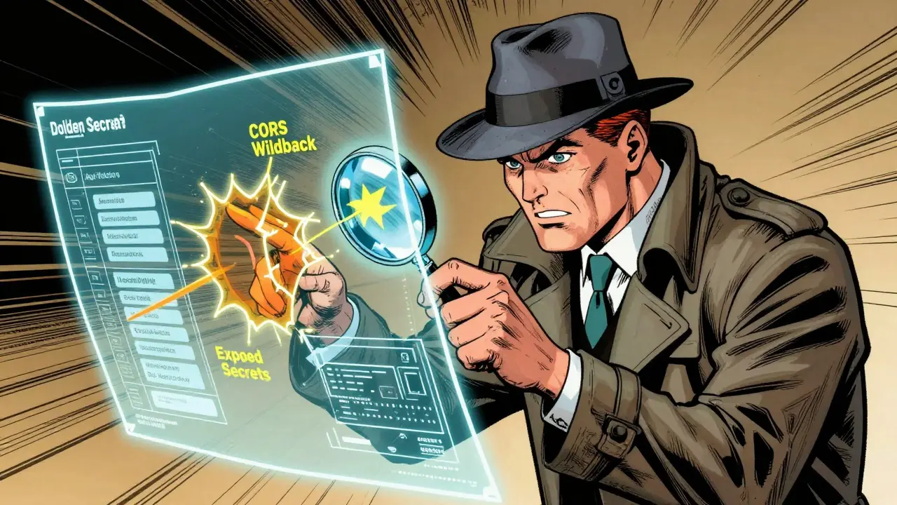 Detective inspecting app blueprint for hidden security flaws with magnifying glass.