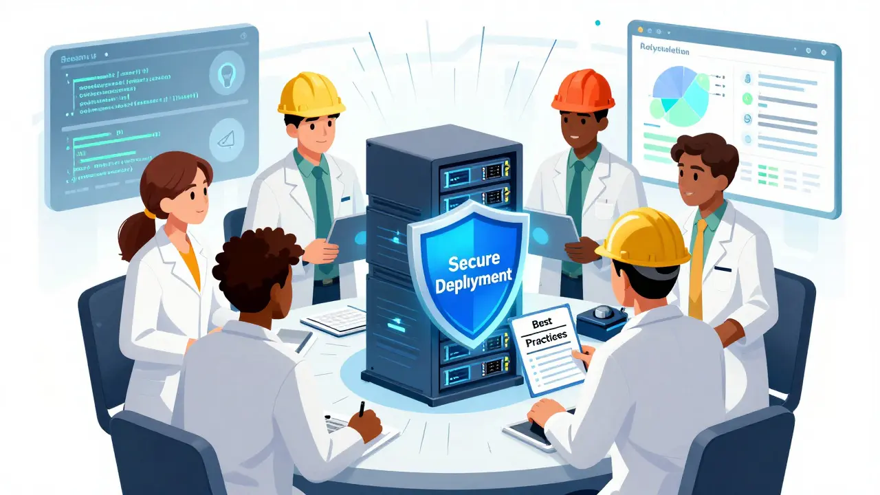 Developers building secure AI defenses with checklists and shields in Golden Age comic style.