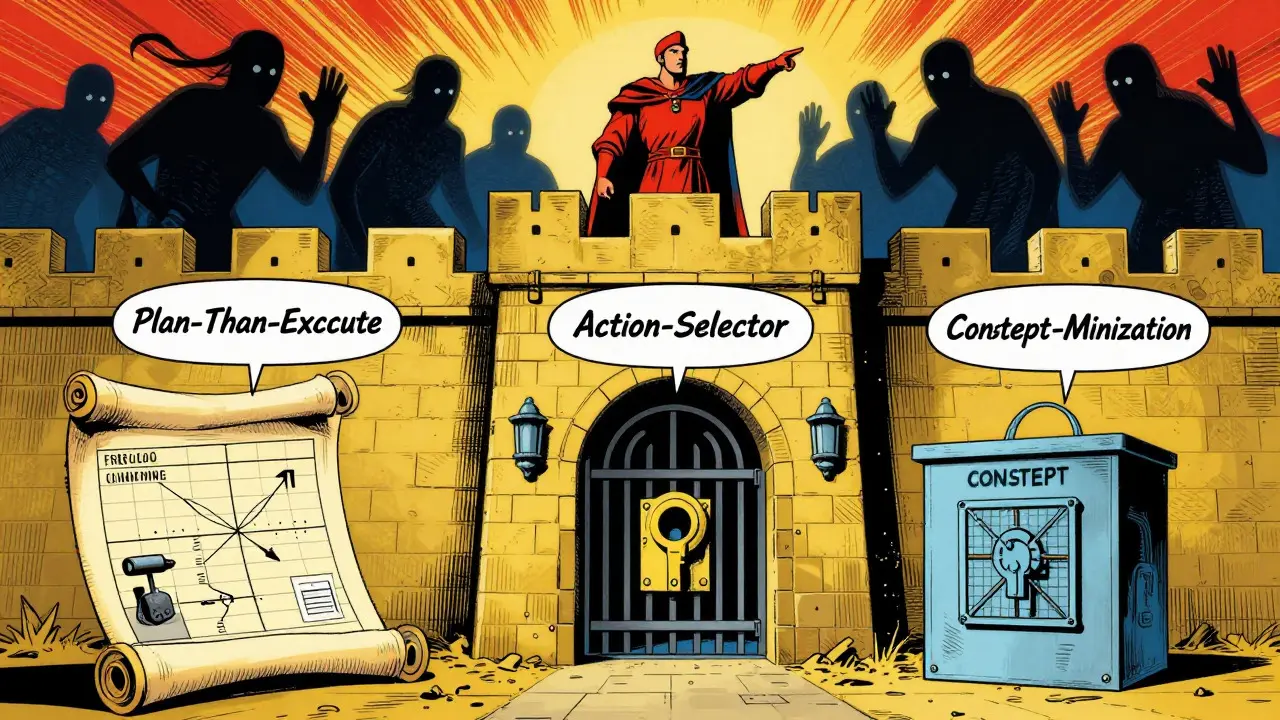 Digital fortress defended by security patterns against prompt injection ghosts in retro comic style.