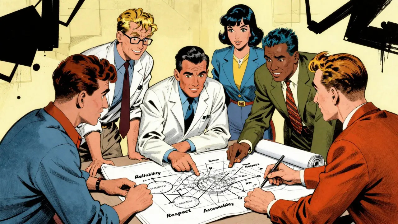 Diverse team collaborating on AI ethics pillars in retro comic art