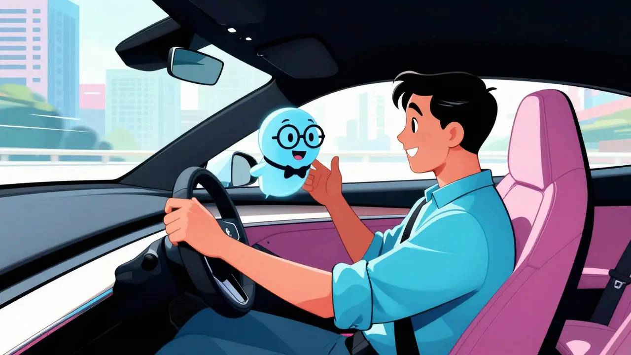 Driver chatting with a cute AI avatar inside a modern car cockpit.
