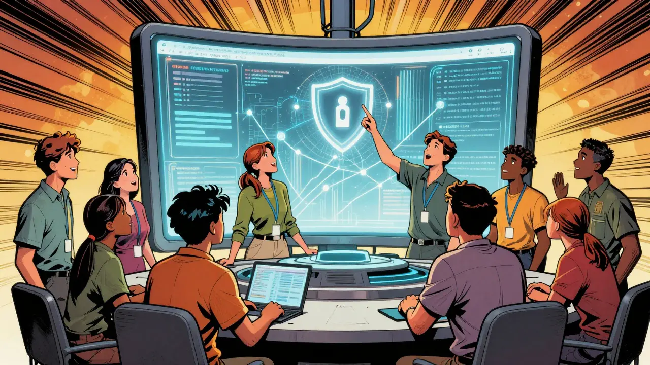 Educators discussing AI ethics and data privacy in vintage comic style