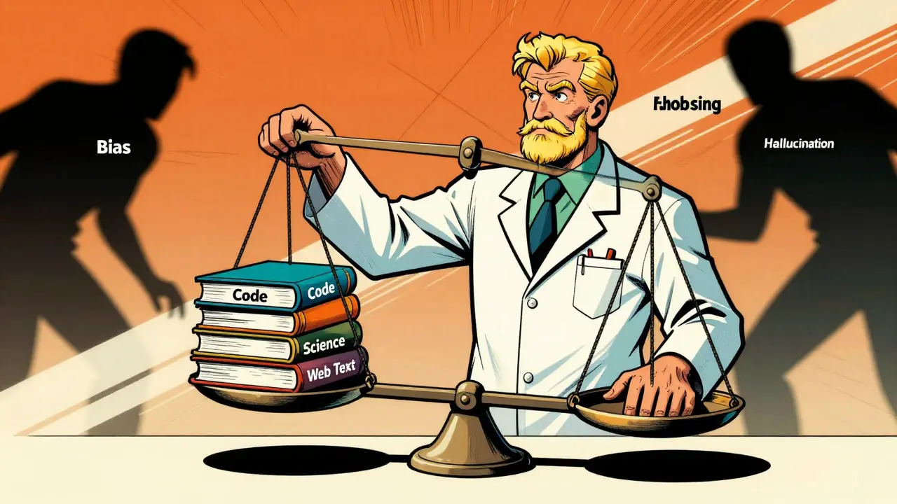 Engineer balancing a scale with different data types to prevent AI bias and hallucinations.