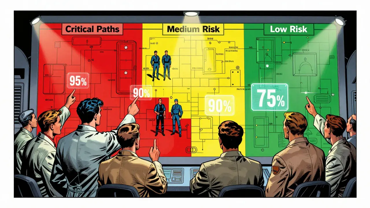 Engineers monitor risk-based testing zones for critical, medium, and low code paths