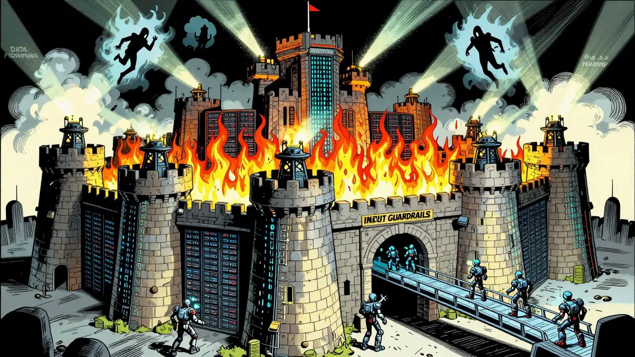Fortified digital castle with guardrails and monitors defending against cyber attacks.