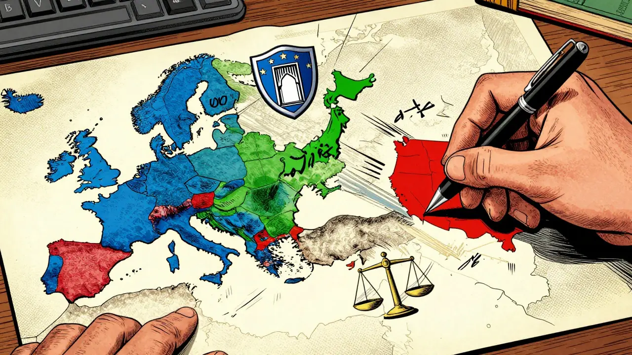 Global map showing different AI copyright laws in Golden Age comic style