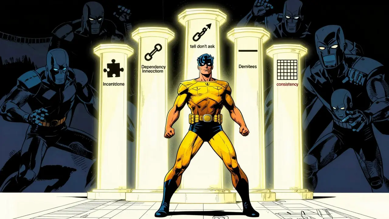 Heroic architect holding a shield made of five architectural principles