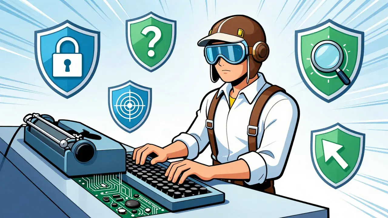 Heroic developer using five shield icons to demonstrate safe AI prompting habits.