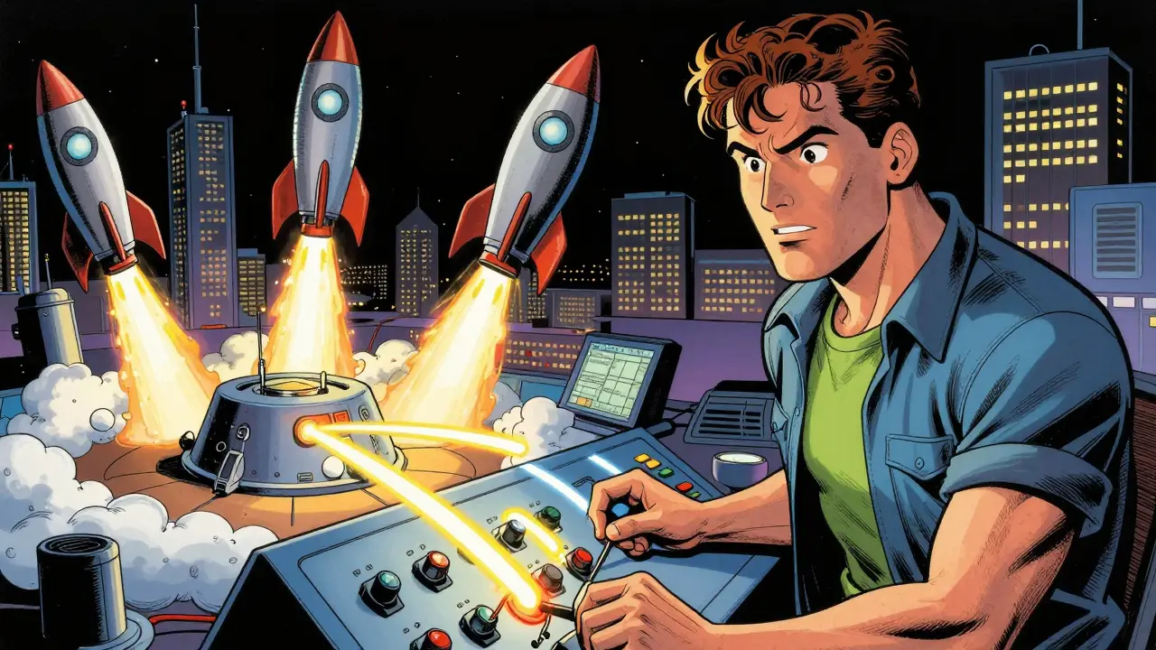 Heroic engineer managing data flow from local servers to cloud rockets in a control room.
