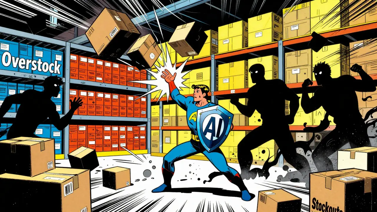 Heroic figure battling inventory chaos in a warehouse scene