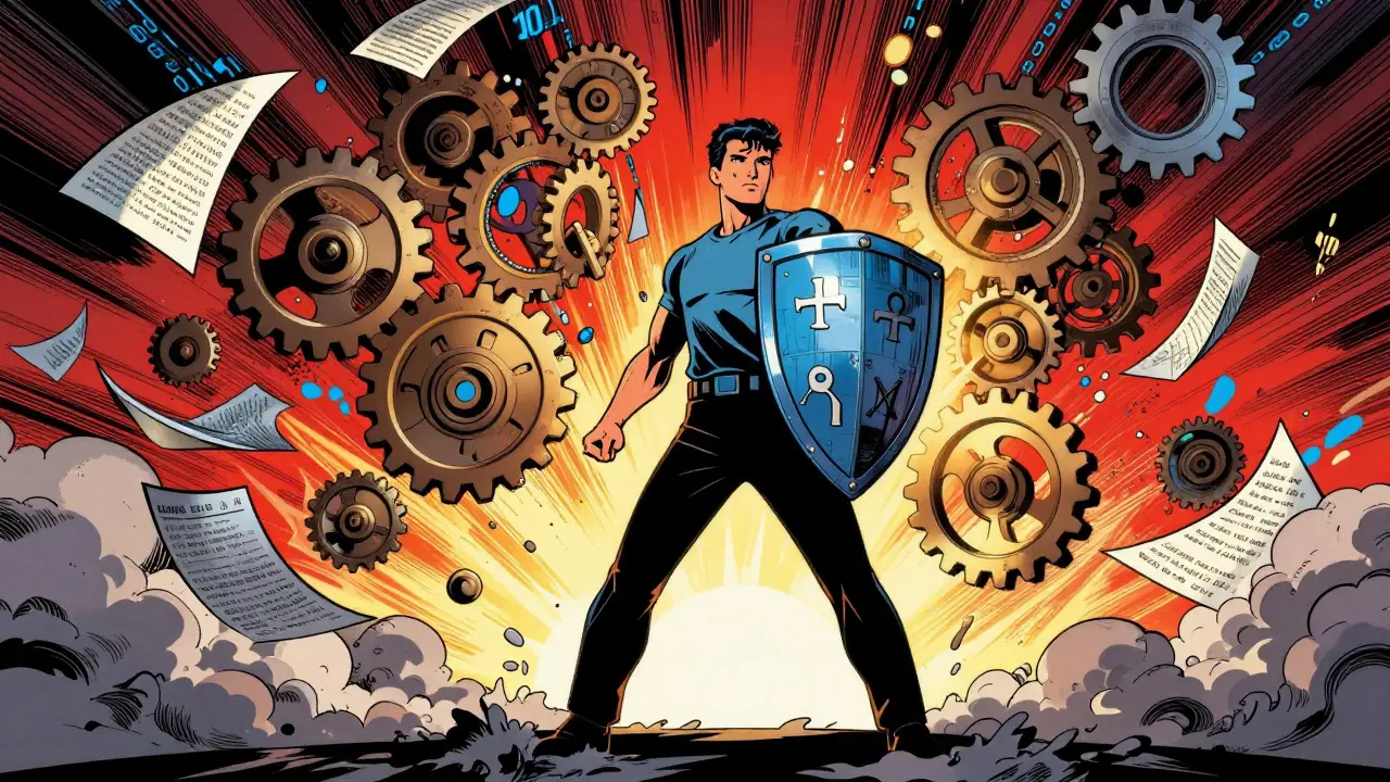 Heroic figure shielding against AI chaos with ethics shield