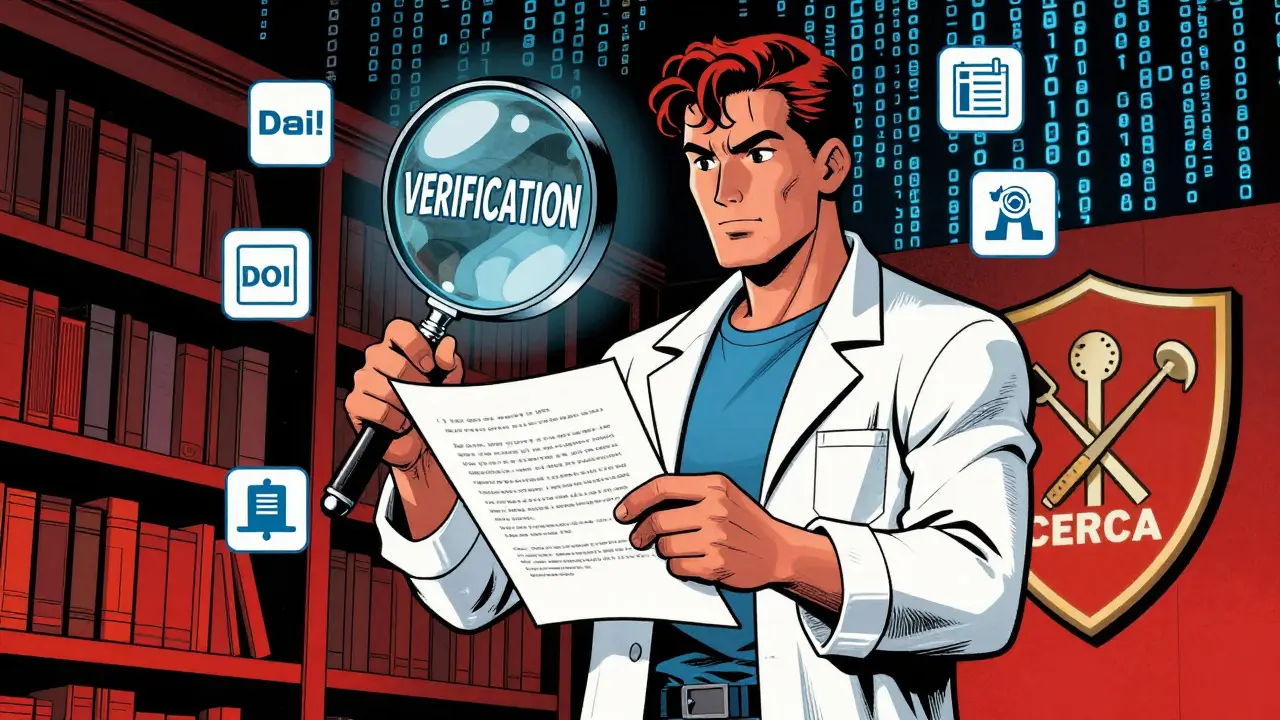 Heroic researcher verifying documents with a magnifying glass in Golden Age comic style.