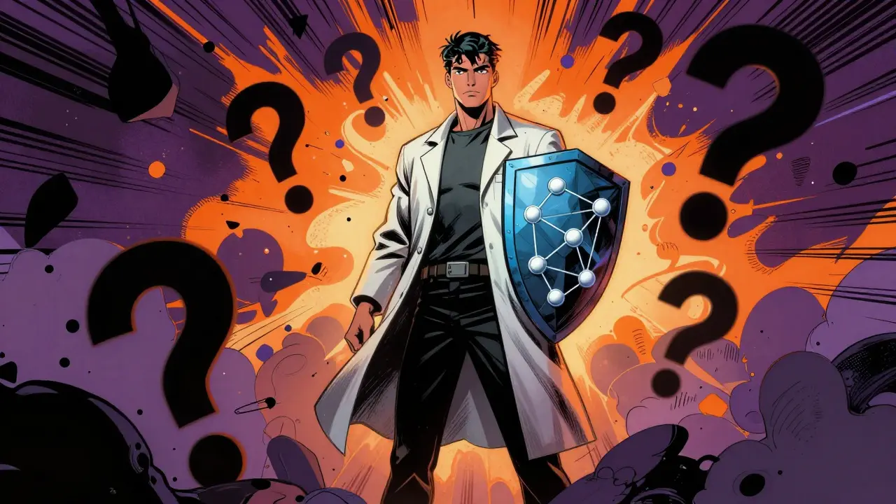 Heroic scientist using logic shield against chaos in golden age comic style