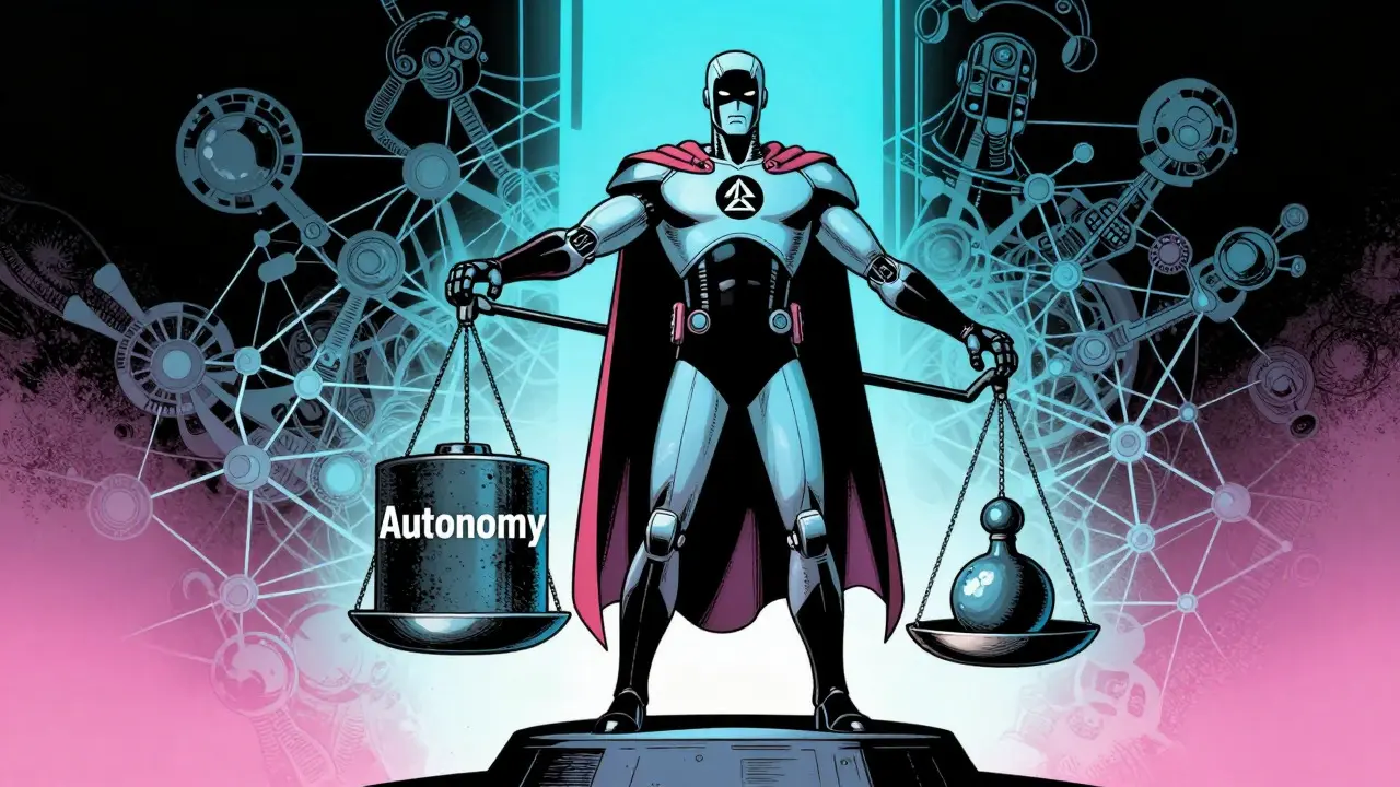 Heroic single-agent robot balances autonomy and control in vintage comic art.