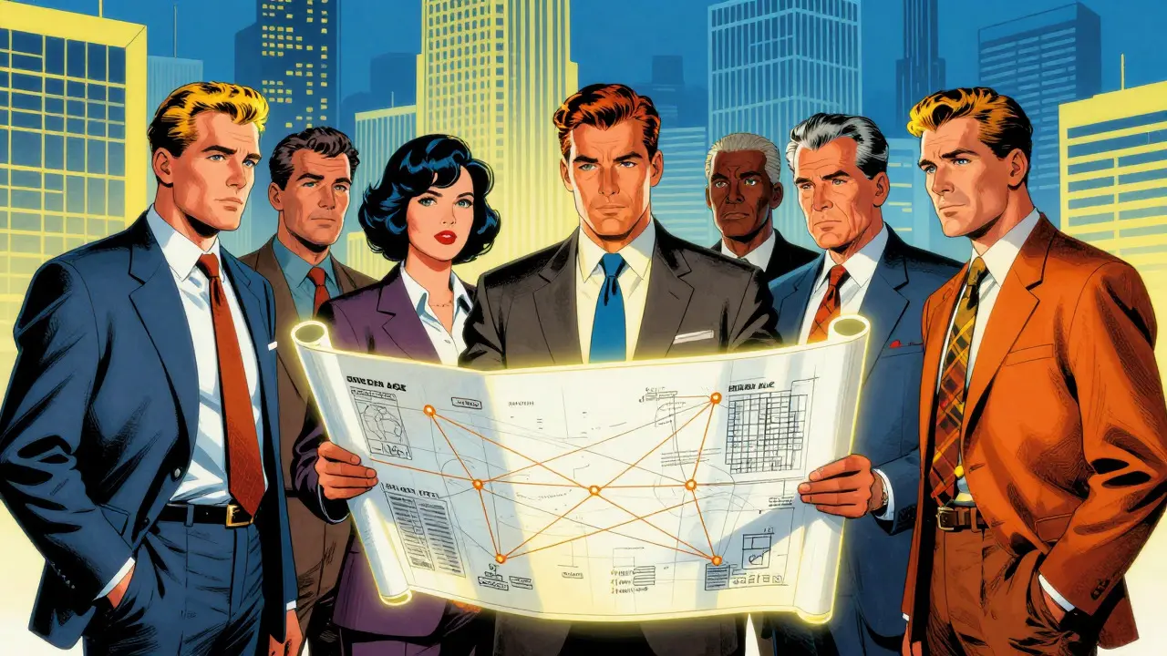 Heroic team holding a unified blueprint, symbolizing aligned cross-departmental AI strategy.