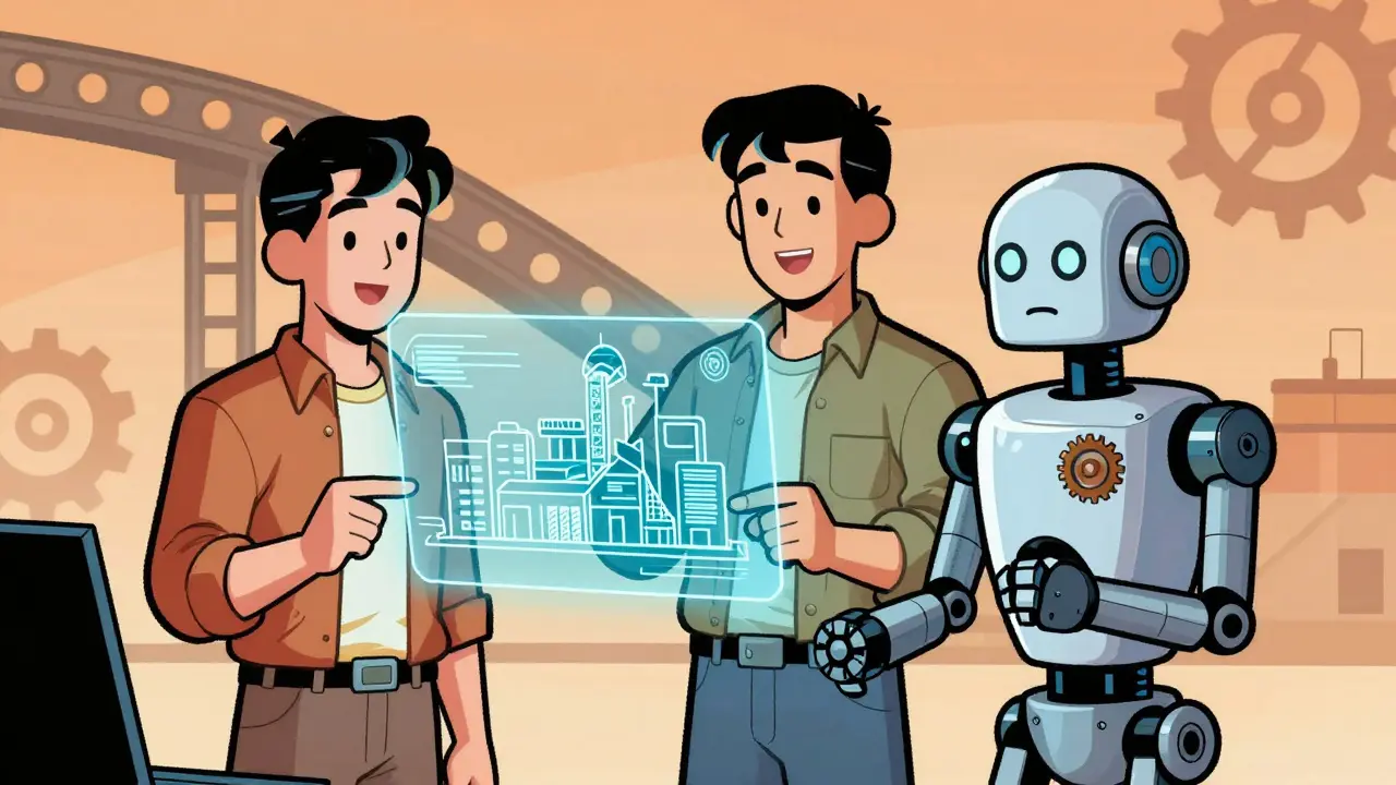 Human planner and robot assistant reviewing digital twin model