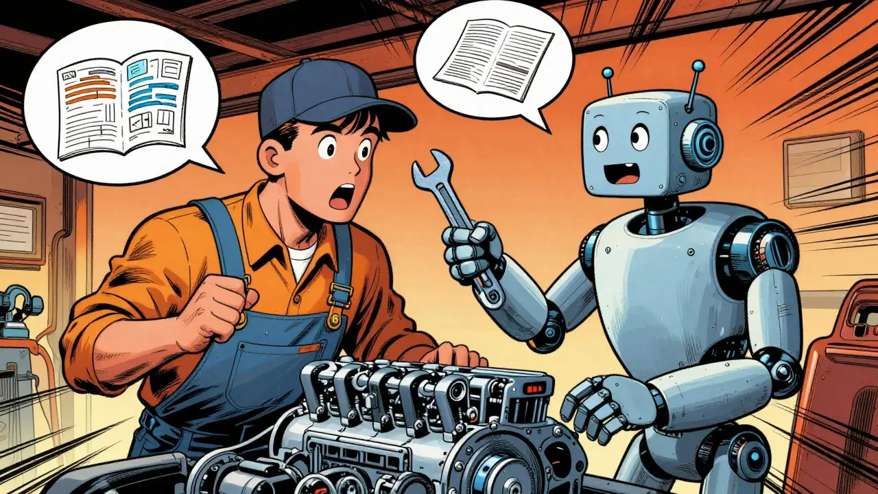 Mechanic consulting a friendly robot assistant for car diagnostics.
