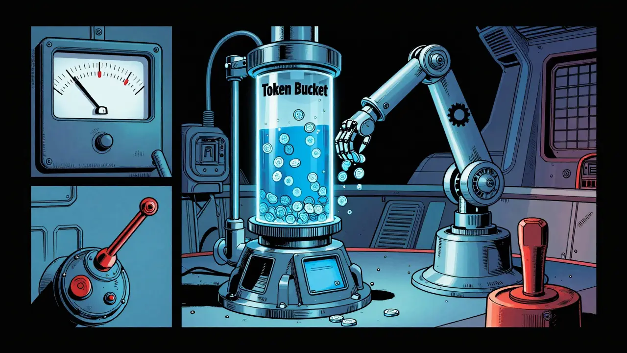 Retro comic art of mechanical token bucket system draining in control room