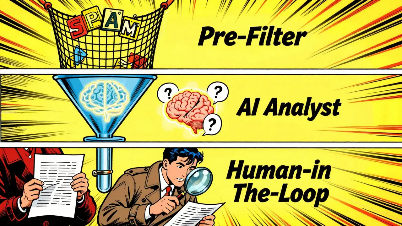 Retro comic showing a three-stage AI content moderation funnel process