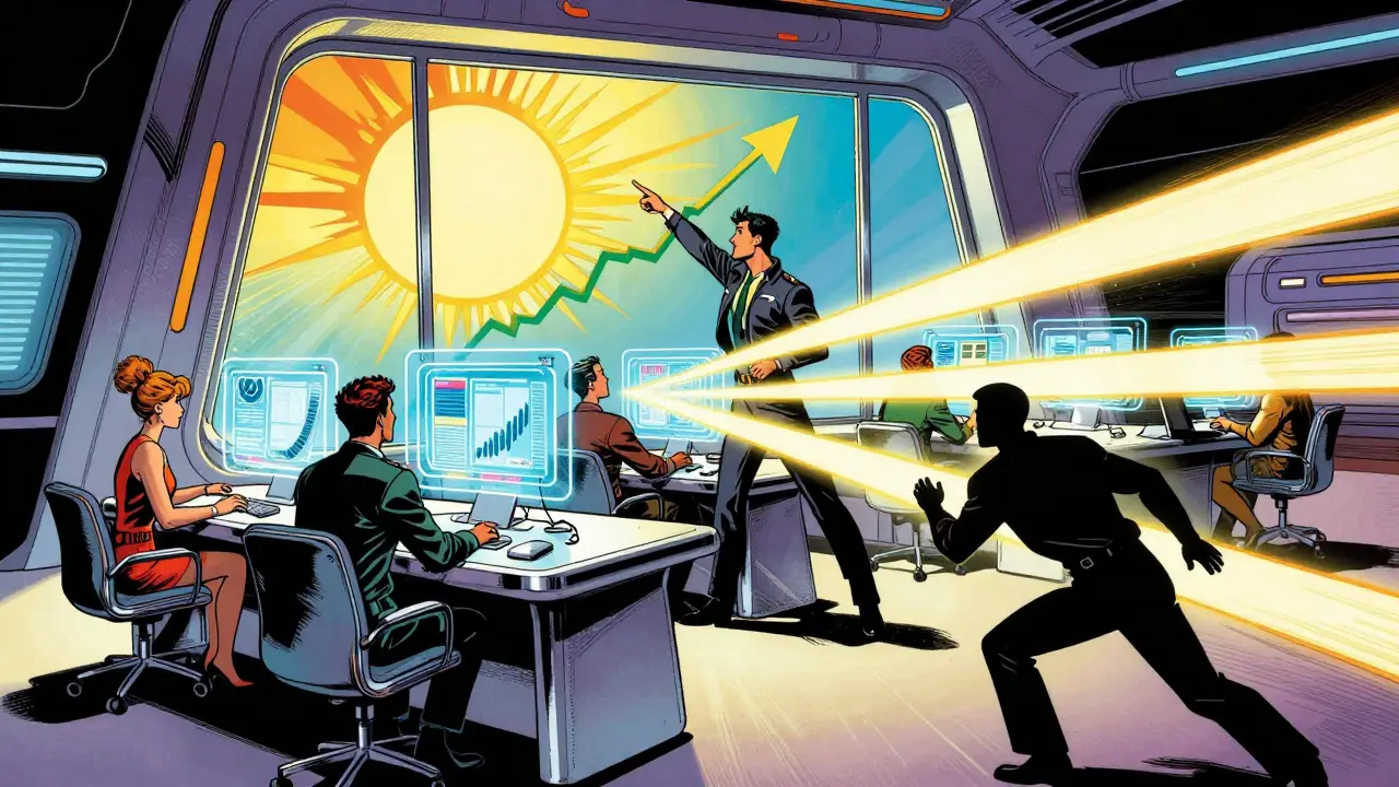 Retro-futuristic comic scene of agents using AI for business growth